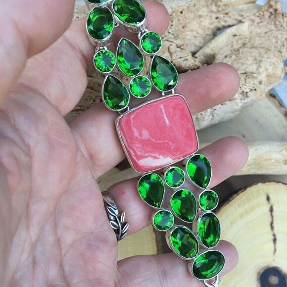 Rainbow Calsillica & Peridot Sterling Silver Toggle Bracelet - Picture 4 of 4